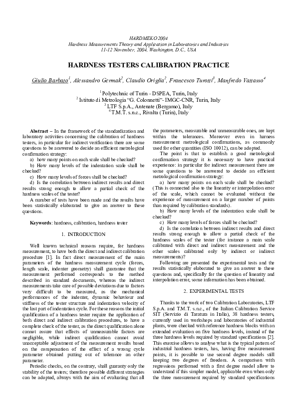 (PDF) Hardness testers calibration practice Alessandro Germak