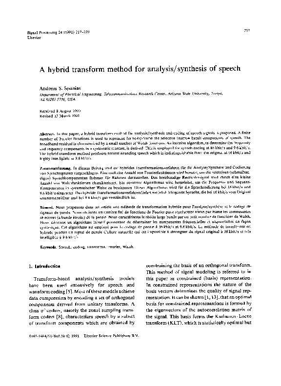 (PDF) A hybrid transform method for analysis/synthesis of speech