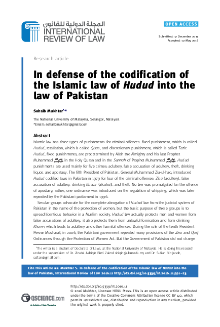 (PDF) In defense of the codification of the Islamic Law of Hudud into ...
