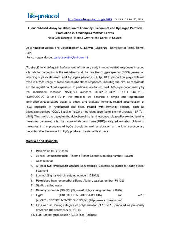 (PDF) Luminolbased Assay for Detection of Immunity Elicitorinduced