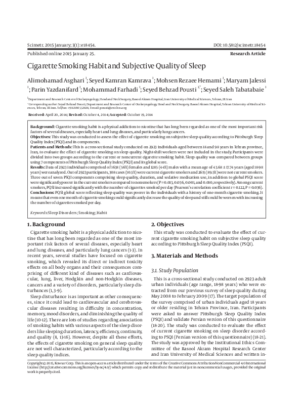 (PDF) Cigarette Smoking Habit and Subjective Quality of Sleep