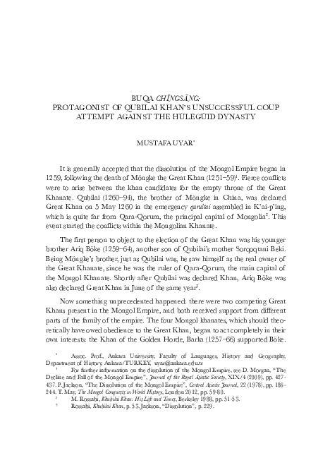 Buqa Chīngsāng: Protagonist of Qubilai Khan’s Unsuccessful Coup Attempt against the Hülegüid Dynasty, BELLETEN, LXXXI/291 (August 2017), pp. 373-386.