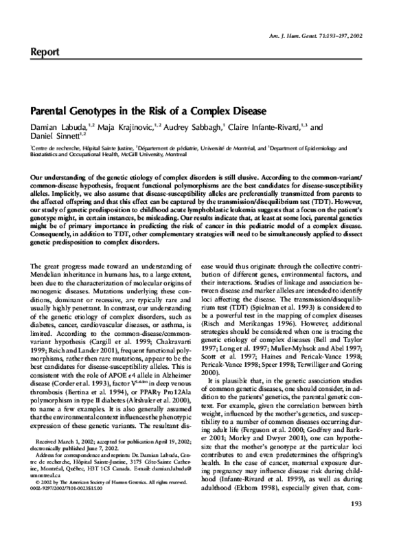 (PDF) Parental Genotypes in the Risk of a Complex Disease