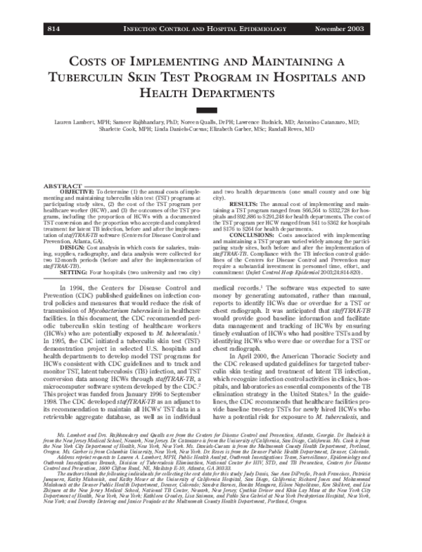 (PDF) Costs of implementing and maintaining a tuberculin skin test ...