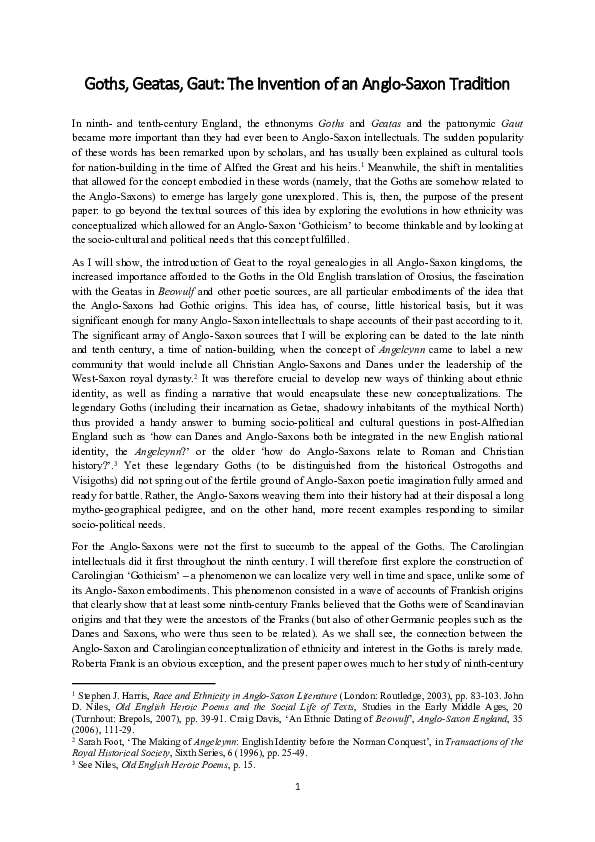 ‘Goths, Geatas, Gaut: The Invention of an Anglo-Saxon Tradition’, in Transforming the Early Medieval World: Studies in Honour of Ian N. Wood, ed. by Kivilcim Yavuz and Ricky Broome (Leeds: Kismet Press, forthcoming)