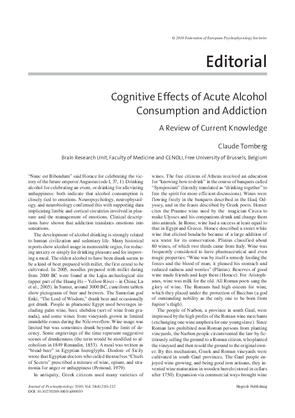 (PDF) Cognitive Effects of Acute Alcohol Consumption and Addiction