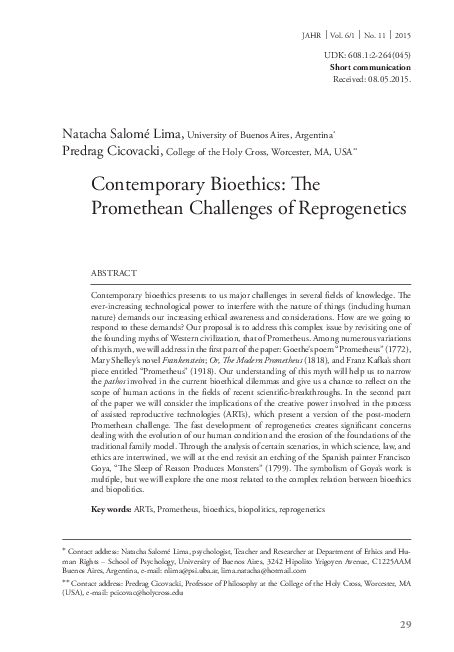 (PDF) Contemporary Bioethics: The Promethean Challenges of Reprogenetics