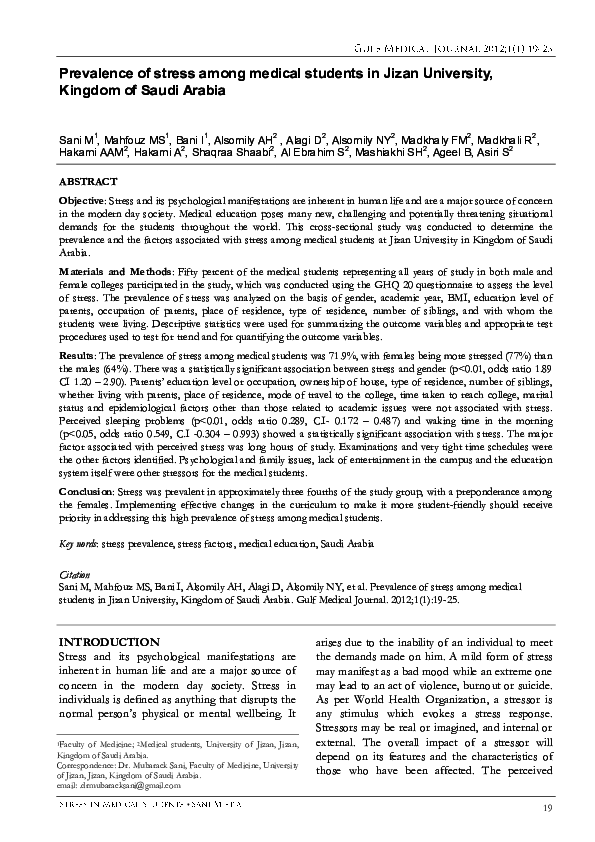 (PDF) Prevalence of stress among medical students in Jizan University ...