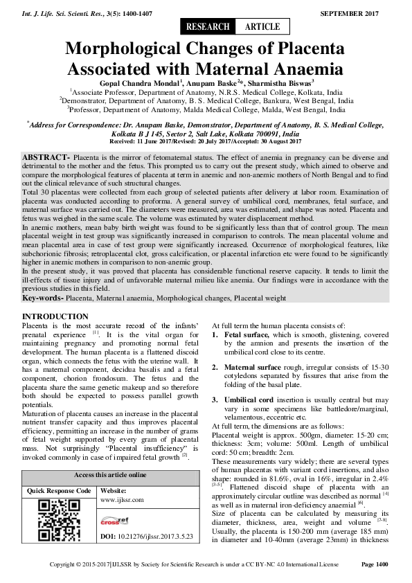 (PDF) Morphological Changes of Placenta Associated with Maternal Anaemia