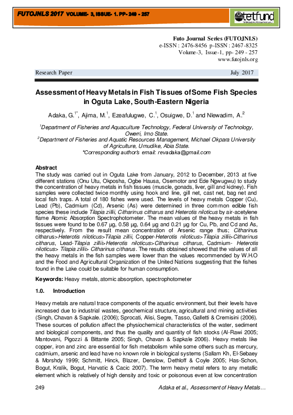 (PDF) Assessment of Heavy Metals in Fish Tissues of Some Fish Species ...