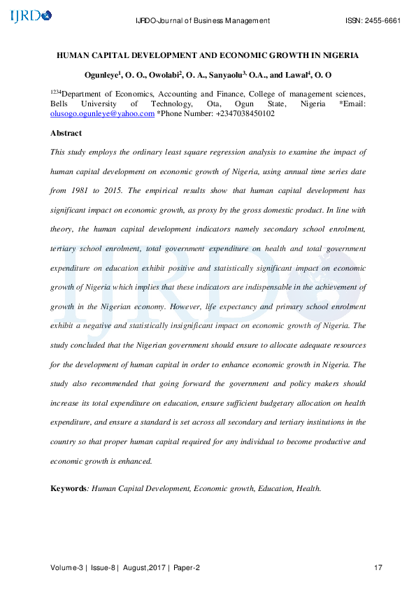(PDF) HUMAN CAPITAL DEVELOPMENT AND ECONOMIC GROWTH IN NIGERIA