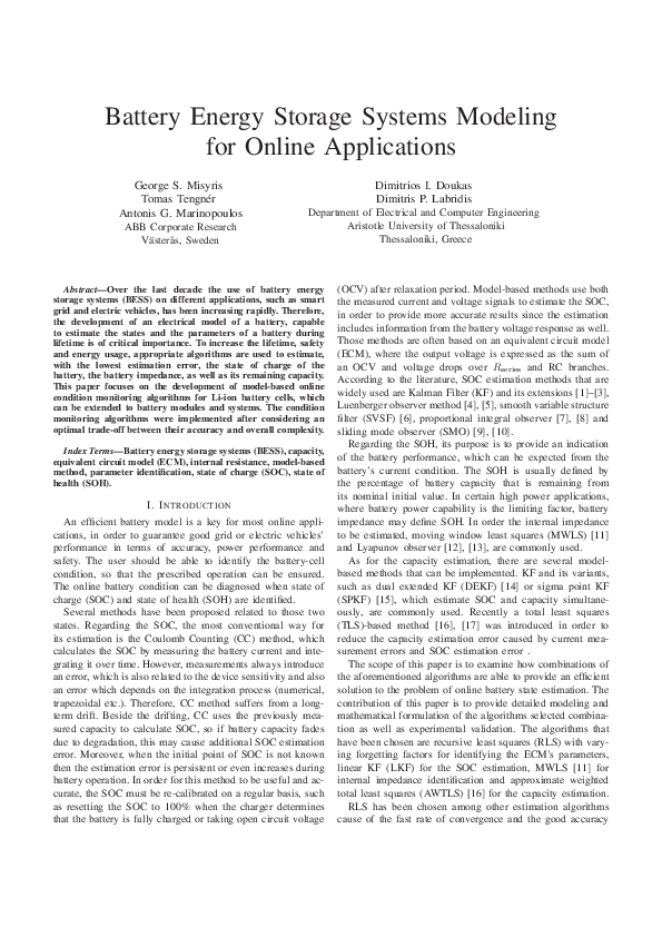 (PDF) Battery Energy Storage Systems Modeling for Online Applications