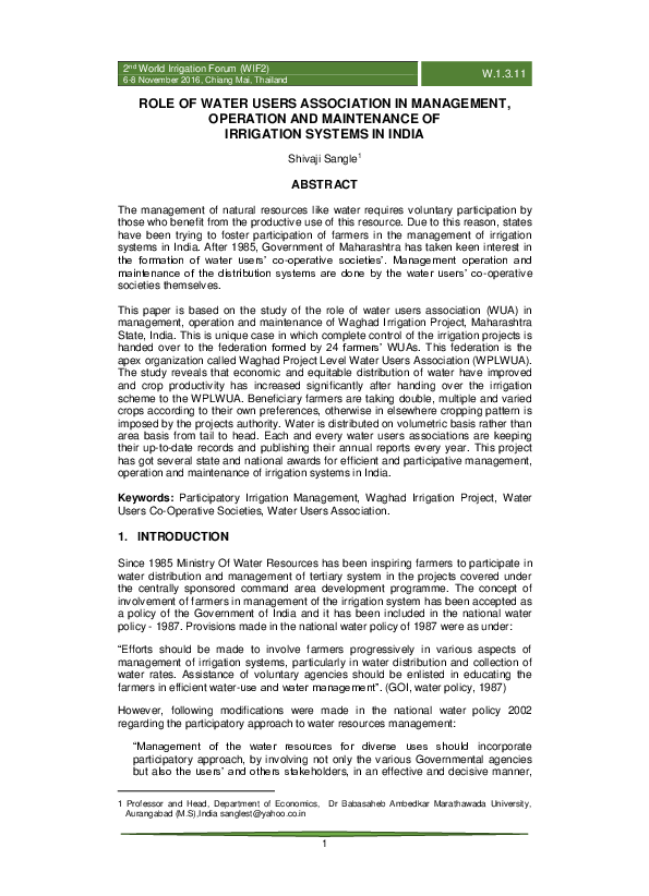 (PDF) ROLE OF WATER USERS ASSOCIATION IN MANAGEMENT, OPERATION AND