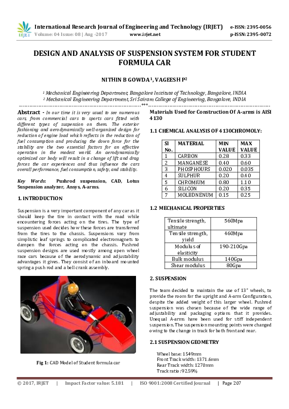(PDF) DESIGN AND ANALYSIS OF SUSPENSION SYSTEM FOR STUDENT FORMULA CAR