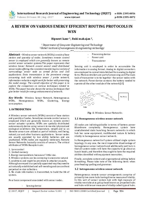 (PDF) A REVIEW ON VARIOUS ENERGY EFFICIENT ROUTING PROTOCOLS IN WSN
