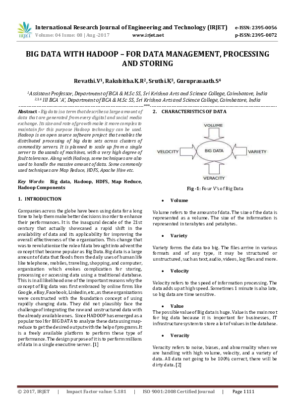 (PDF) BIG DATA WITH HADOOP – FOR DATA MANAGEMENT, PROCESSING AND STORING
