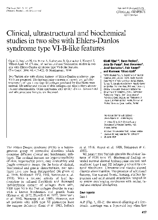Pdf Clinical Ultrastructural And Biochemical Studies In Two Sibs With Ehlers Danlos Syndrome Type Vi B Like Features Beat Steinmann Academia Edu