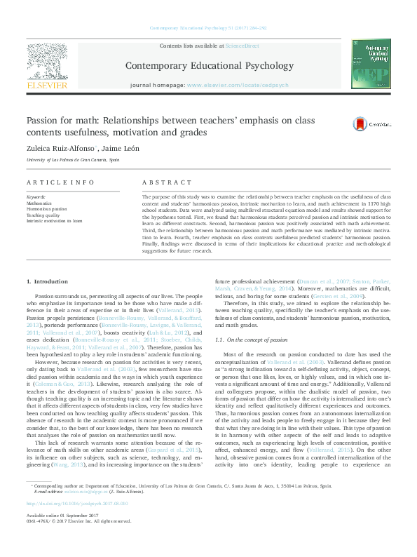 (PDF) Passion for math: Relationships between teachers' emphasis on ...