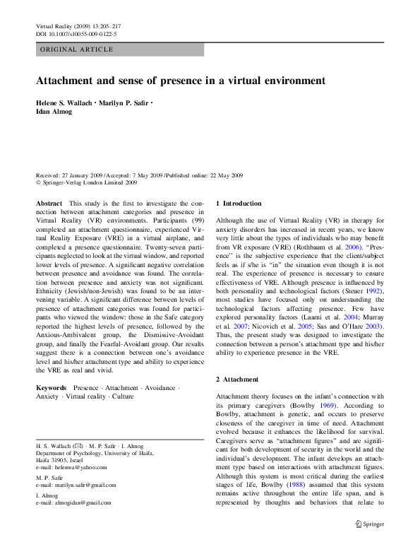 (PDF) Attachment and sense of presence in a virtual environment
