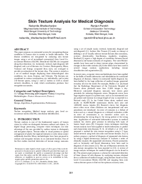 (PDF) Skin Texture Analysis for Medical Diagnosis (ICCCS 2011)