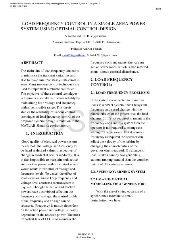 (PDF) LOAD FREQUENCY CONTROL IN A SINGLE AREA POWER SYSTEM USING ...