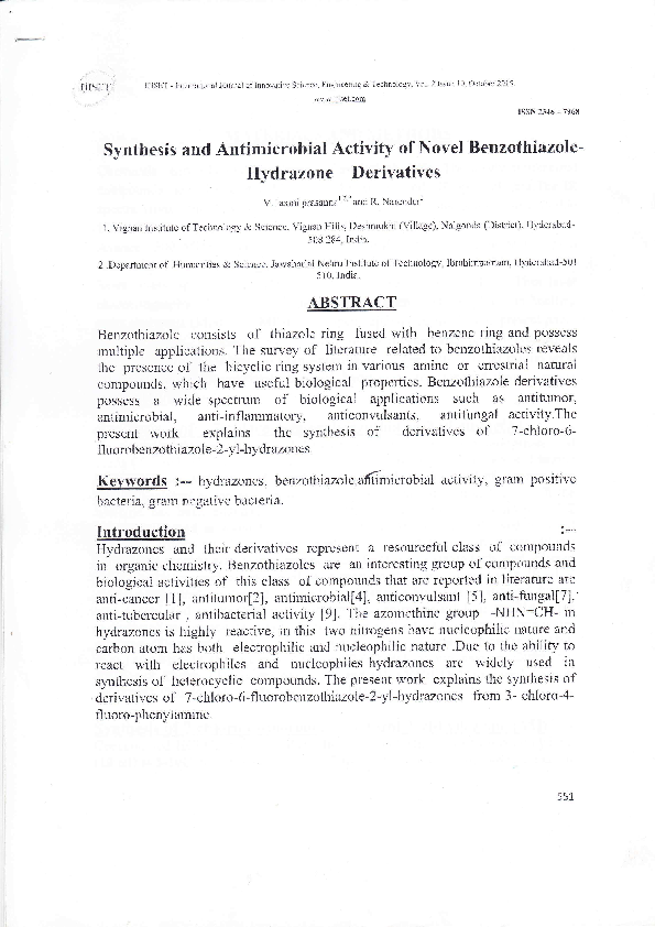 (PDF) Synthesis and Antimicrobial Activity of Novel Benzothiazole ...