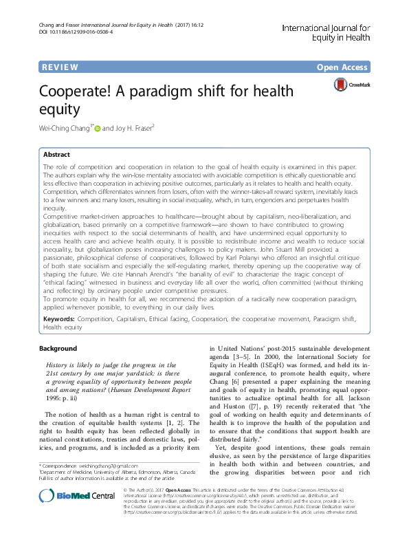 (PDF) Cooperate! A paradigm shift for health equity