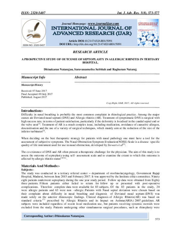 (PDF) A PROSPECTIVE STUDY OF OUTCOME OF SEPTOPLASTY IN ALLERGIC ...