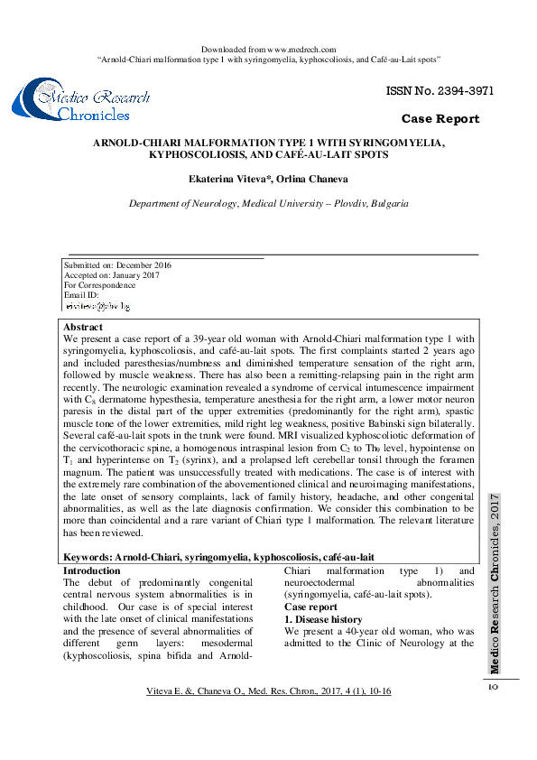 (PDF) 272 ARNOLD-CHIARI MALFORMATION TYPE 1 WITH SYRINGOMYELIA.pdf