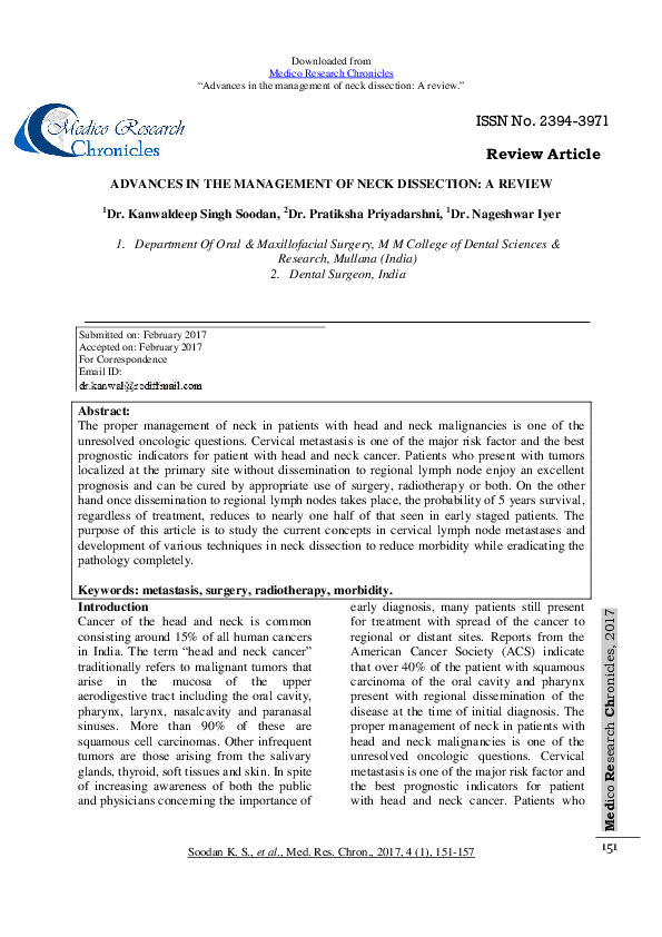 (PDF) ADVANCES IN THE MANAGEMENT OF NECK DISSECTION: A REVIEW