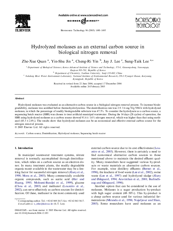 (PDF) Hydrolyzed molasses as an external carbon source in biological