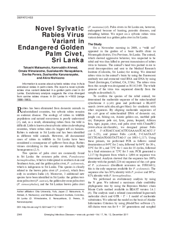 (PDF) Novel Sylvatic Rabies Virus Variant in Endangered Golden Palm ...