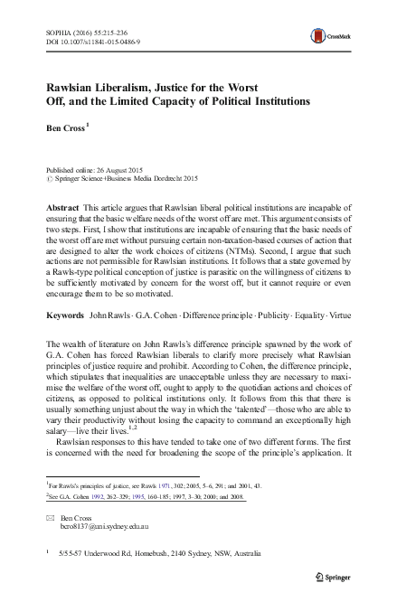  PDF Rawlsian Liberalism Justice For The Worst Off And The Limited 