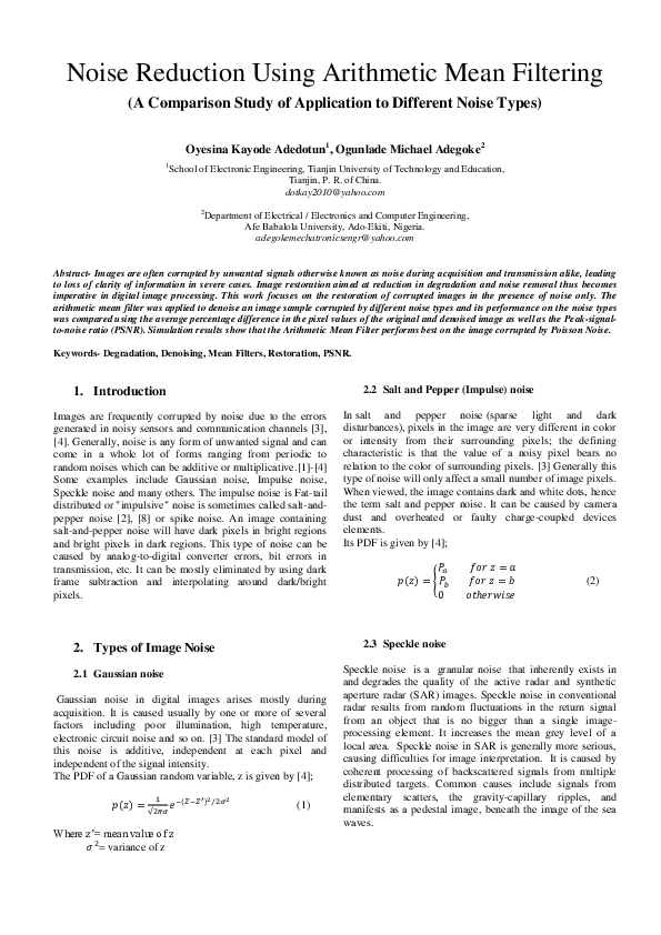 (PDF) Noise Reduction Using Arithmetic Mean Filtering (A Comparison