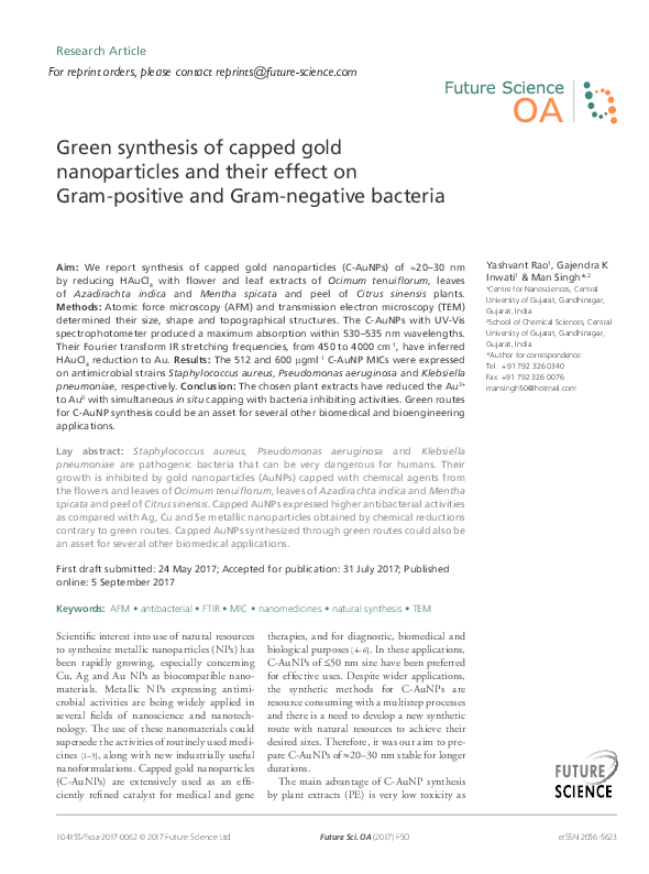 (PDF) Green synthesis of capped gold nanoparticles and their effect on ...