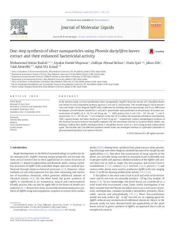 (PDF) One-step synthesis of silver nanoparticles using Phoenix ...