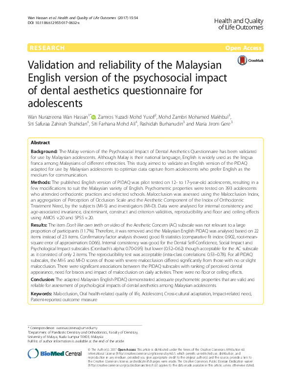 (PDF) Validation and reliability of the Malaysian English version of ...