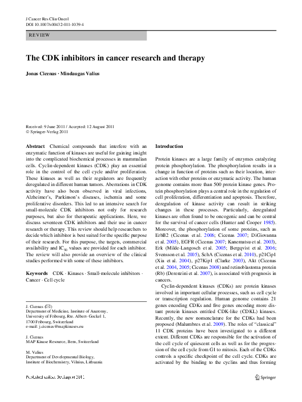 (PDF) The CDK inhibitors in cancer research and therapy