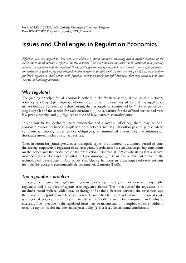 (PDF) Issues and Challenges in Regulation Economics Peter Bogetoft