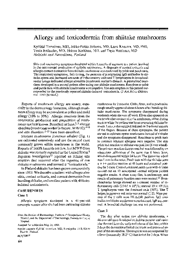 (PDF) Allergy and toxicodermia from shiitake mushrooms Jukka Salonen