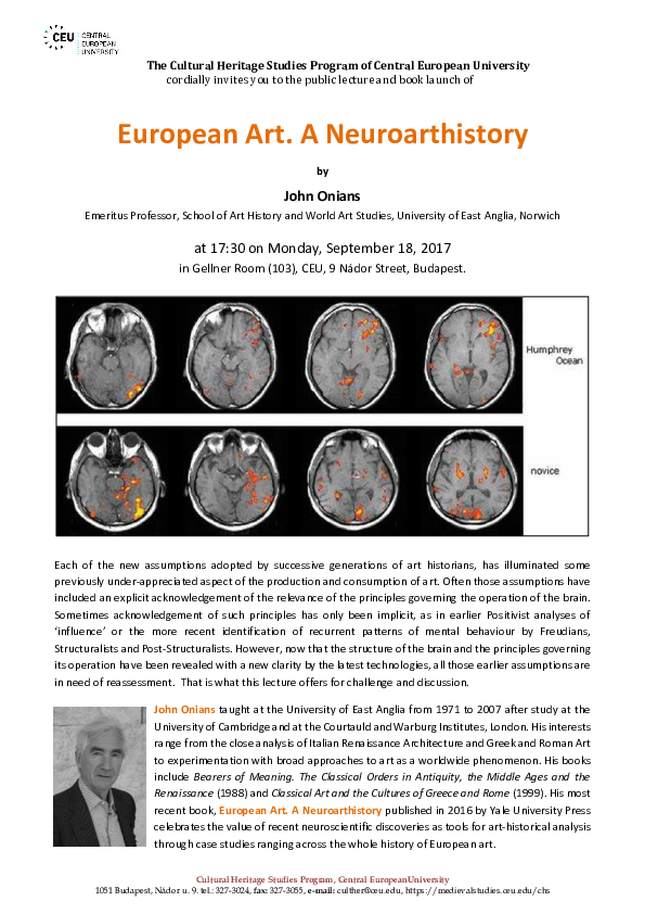 (PDF) John Onians European Art. A Neuroarthistory. Public lecture, 18th September 2017, CEU