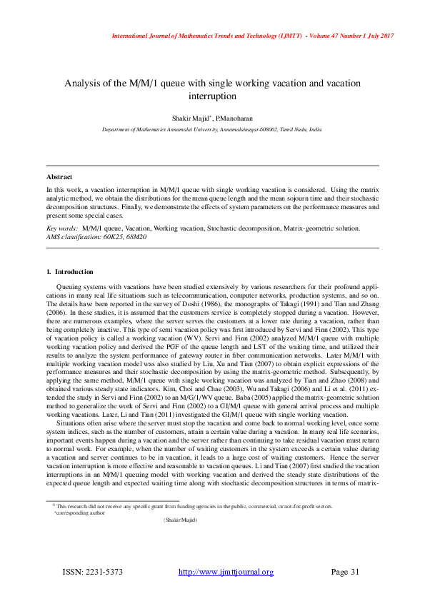 (PDF) Analysis of the M/M/1 queue with single working vacation and ...