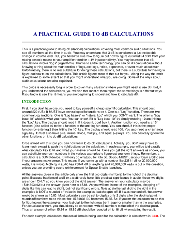 (PDF) A PRACTICAL GUIDE TO dB CALCULATIONS