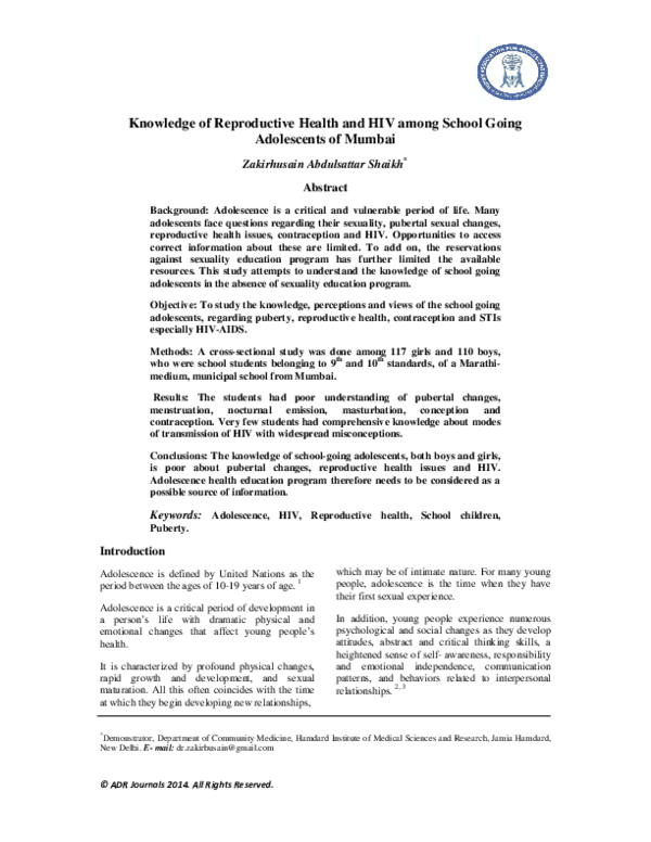 (PDF) Knowledge of Reproductive Health and HIV among School Going ...