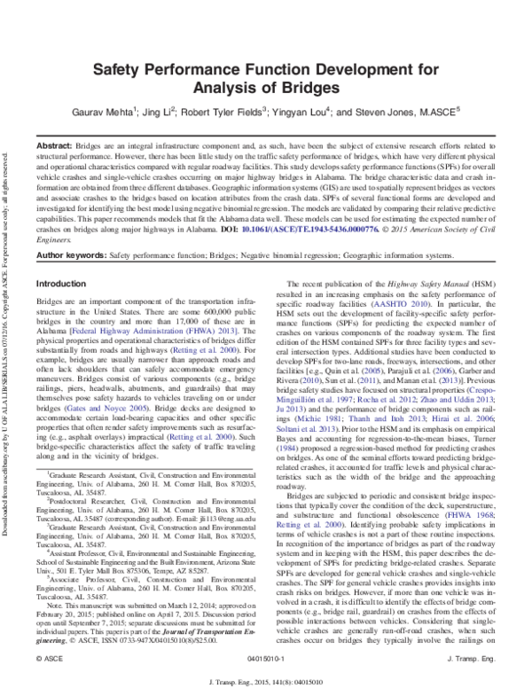 (PDF) Safety Performance Function Development for Analysis of Bridges