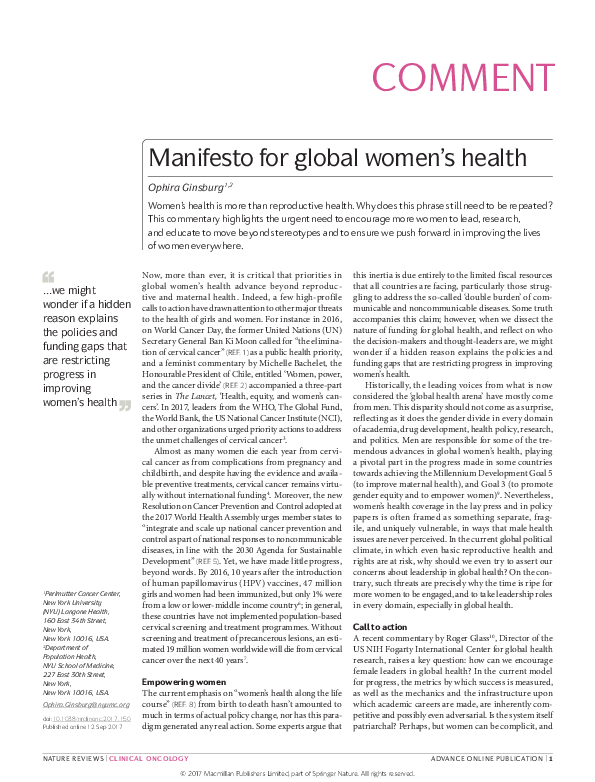 (PDF) Manifesto for global women's health Ophira Ginsburg Academia.edu