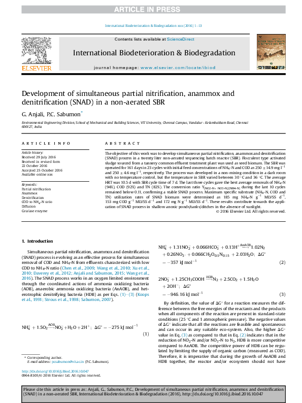 (PDF) Development of simultaneous partial nitrification, anammox and ...