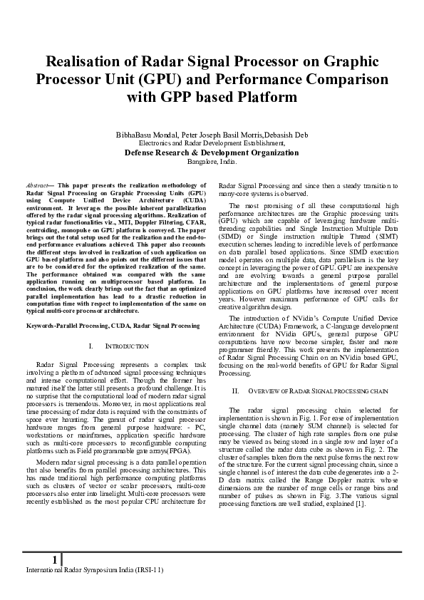 Realisation of Radar Signal Processor on Graphic Processor Unit (GPU