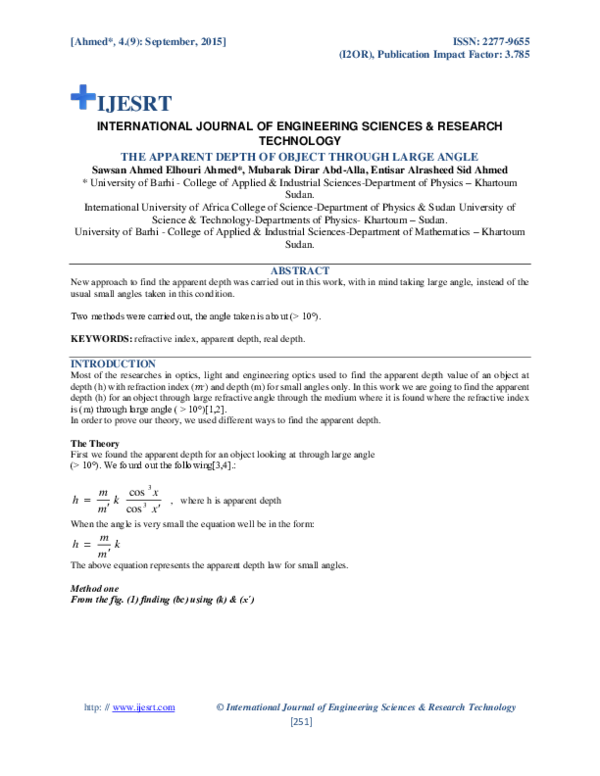 (PDF) THE APPARENT DEPTH OF OBJECT THROUGH LARGE ANGLE