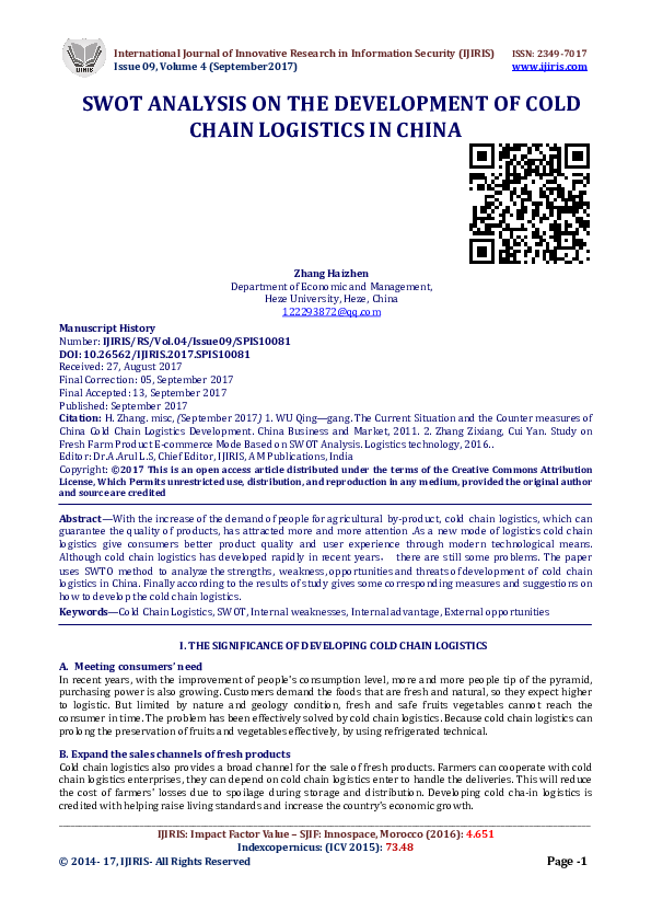 (PDF) SWOT ANALYSIS ON THE DEVELOPMENT OF COLD CHAIN LOGISTICS IN CHINA
